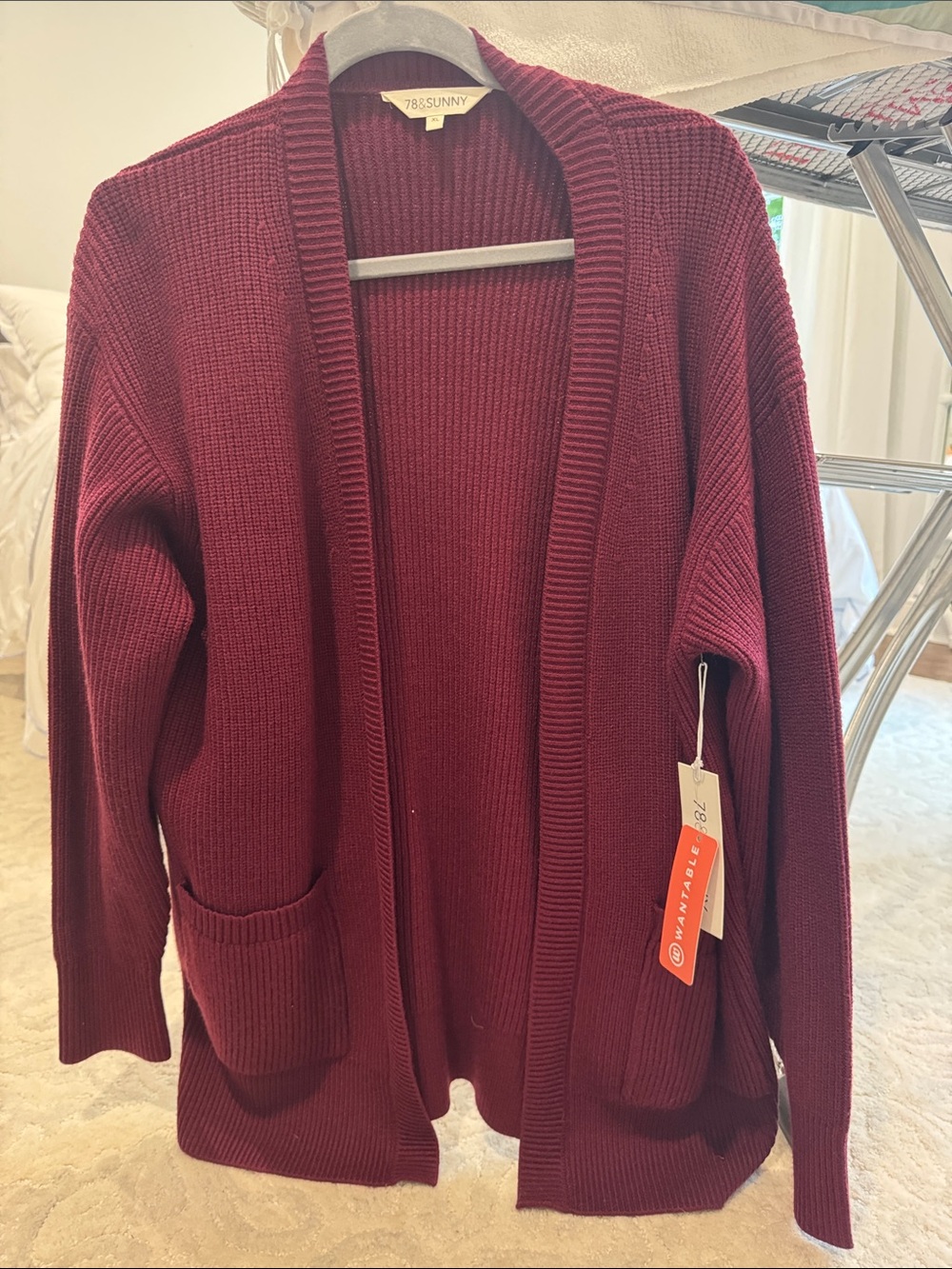 Open-Front Ribbed Cardigan Sweater - 78&Sunny - Wine